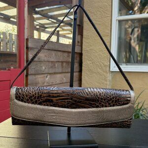 Brahmin Embossed Croc Leather Long Convertible Clutch Shoulder Bag Brown Vintage